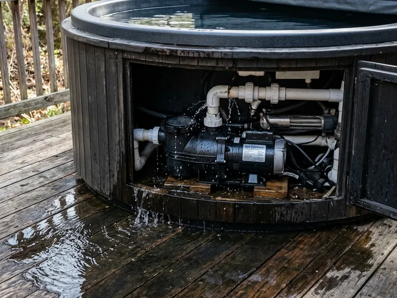 Certified technician performing hot tub leak repair on residential hot tub