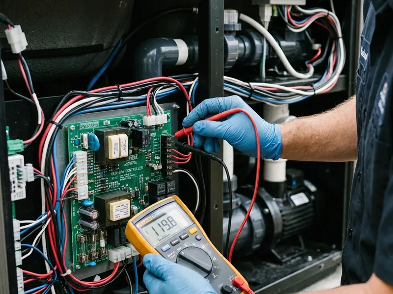 Certified technician performing spa control board repair on residential hot tub