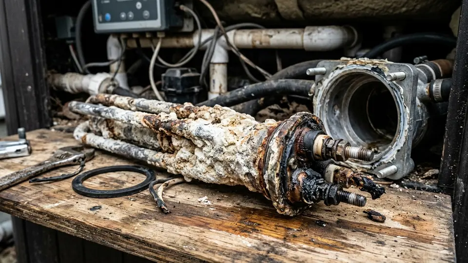 Corroded and calcified hot tub heater element before repair
