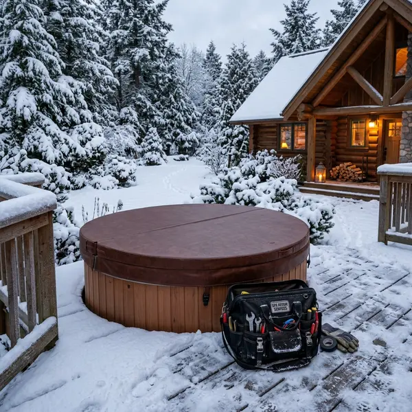 Hot tub repair technician diagnosing outdoor spa equipment in Arvada, CO