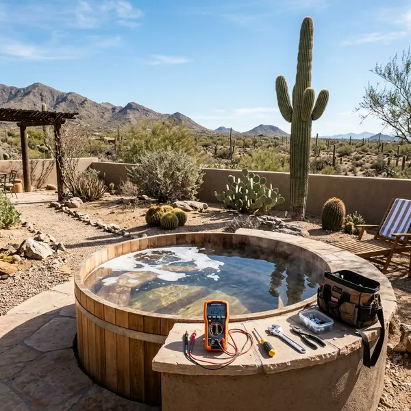Hot tub repair technician diagnosing outdoor spa equipment in Austin, TX
