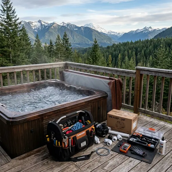 Hot tub repair technician diagnosing outdoor spa equipment in San Francisco, CA